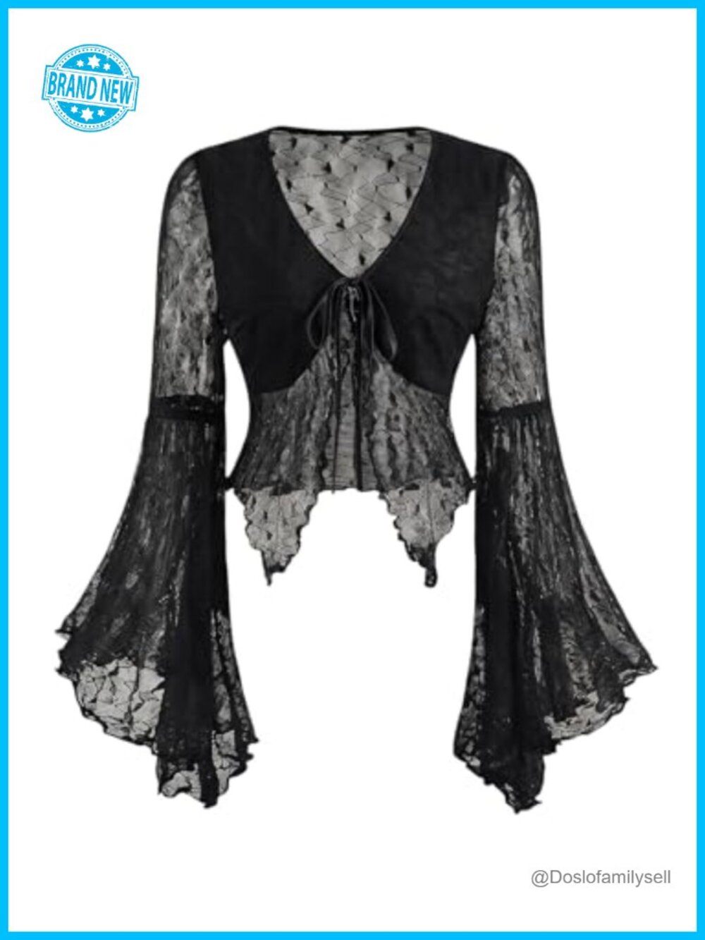 Women's Lace V Neck Tie Front Bell Sleeve Blouse Crop Top